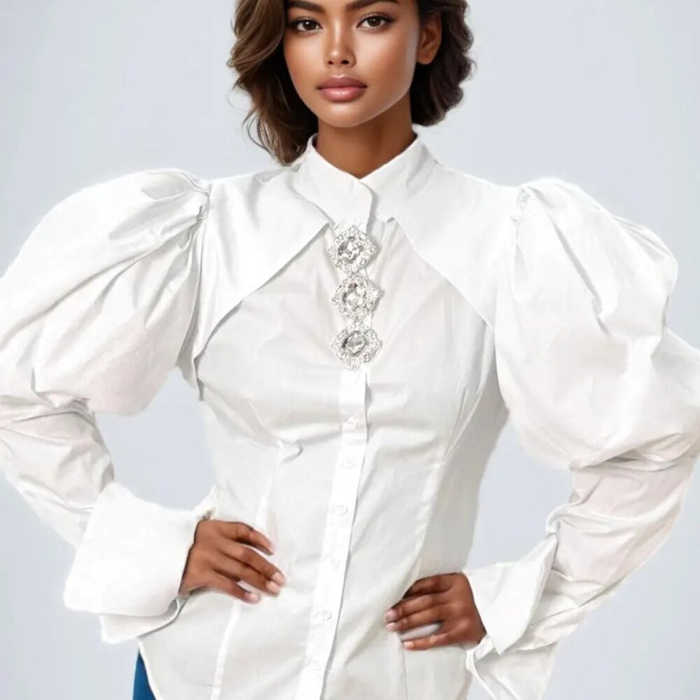 White Puff Sleeve Rhinestone Button Blouse Elegant Statement Top | Sizes L & XL